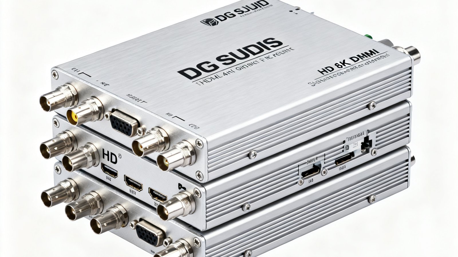 DG视讯SDI/HDMI信号延长器产品系列，包含多种接口转换模块，支持从HD到8K的各类信号格式延长传输，机身采用工业级铝合金外壳