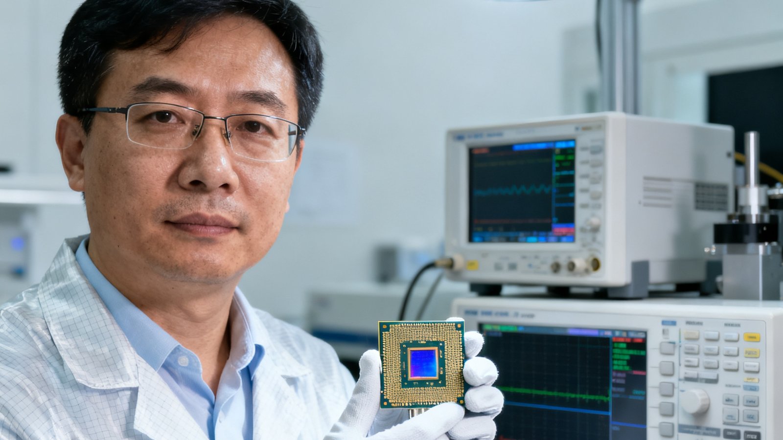 DG视讯首席技术官张工在实验室中手持一块光电转换芯片，他戴着防静电手套，背景是测试仪器和示波器，表情专注而沉稳